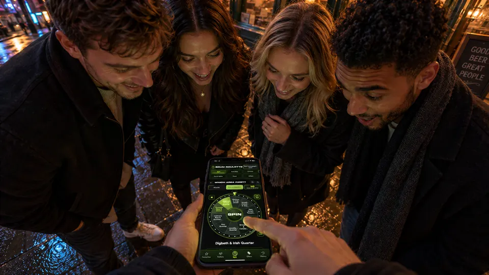 Friends on a Birmingham night out choosing their next pub with Brum Roulette on a phone